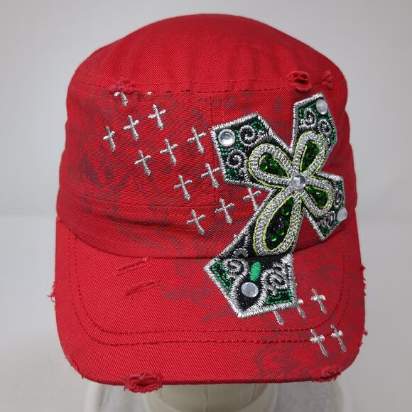 Cross Rhinestone Slideback Army Cap Red One Size Embroidered Leader - Picture 2 of 9